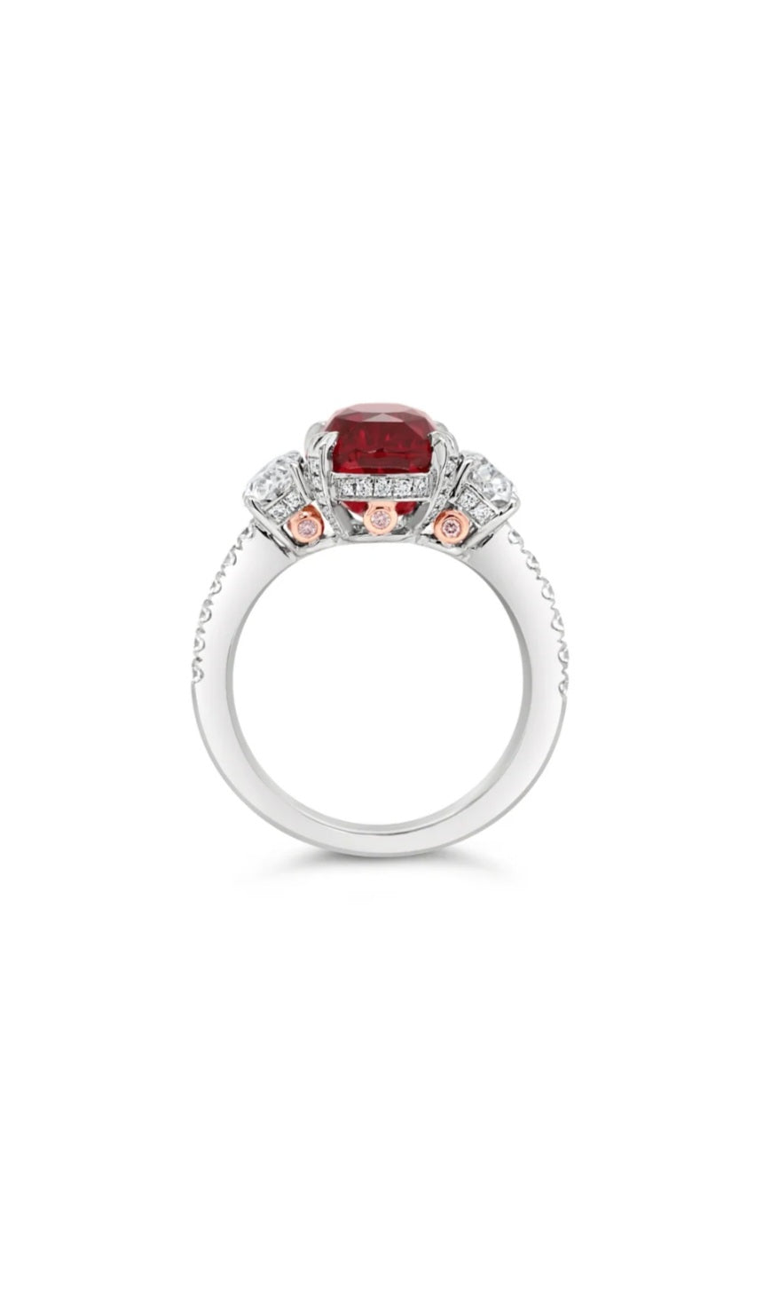 FAIRFAX & ROBERTS 1858 PIGEON BLOOD MOZAMBIQUE RUBY, ARGYLE PINK & WHITE DIAMOND RING