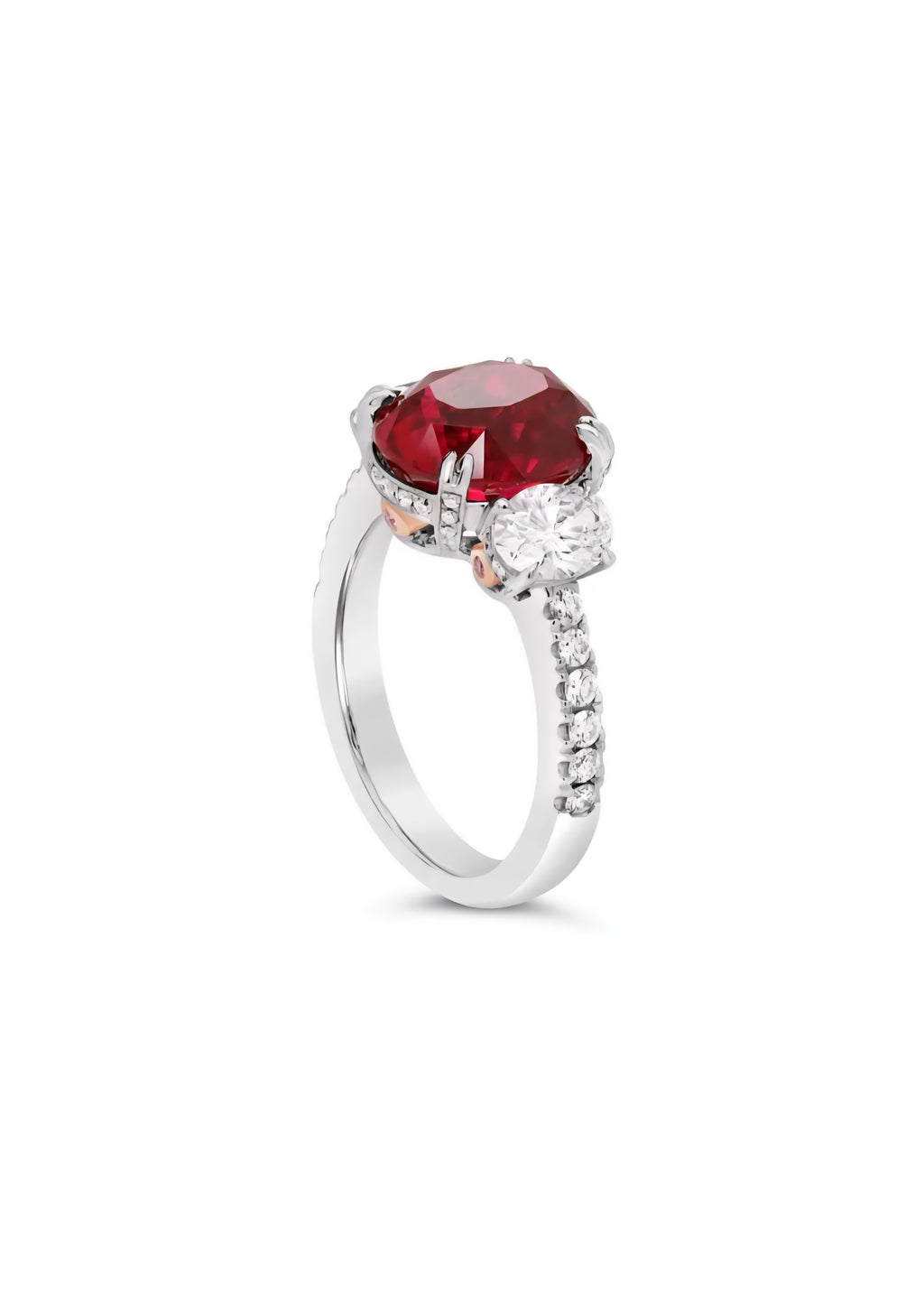 FAIRFAX & ROBERTS 1858 PIGEON BLOOD MOZAMBIQUE RUBY, ARGYLE PINK & WHITE DIAMOND RING